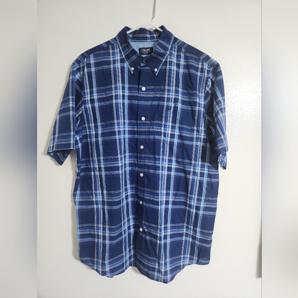 CHAPS Easy Care Blue Plaid Shirt - Size XL